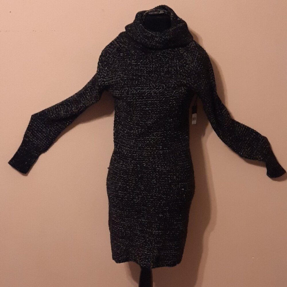 NWT Black & White Threaded Knit Turtleneck Sweater Dress - Side Slits